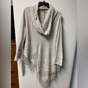 Free People Cream Cowl Neck Poncho with Fringe